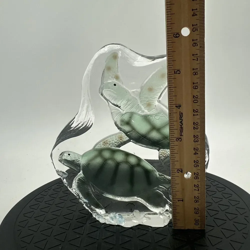 Vintage Clear Glass with Green Sea Turtles Paperweight